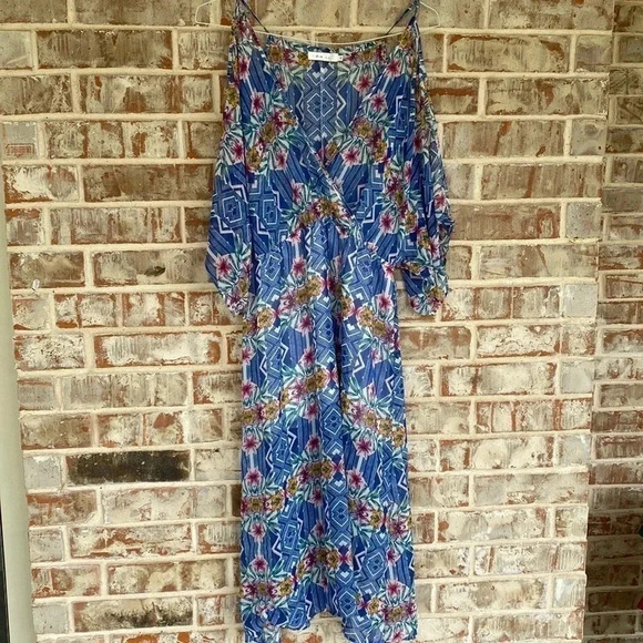 Ark n c. Blue Geometric Floral Sheer Cold Shoulder Maxi Dress - Picture 1 of 14